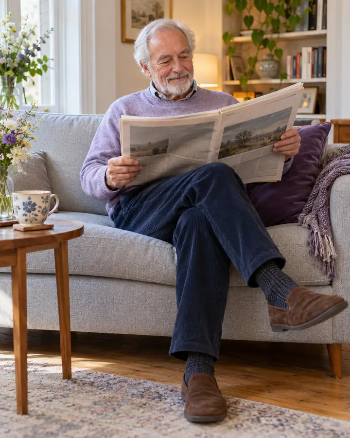 An older man reading on a clean light grey sofa