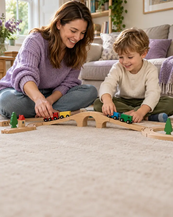 A mother and son playing with a train set on a clean beige carpet