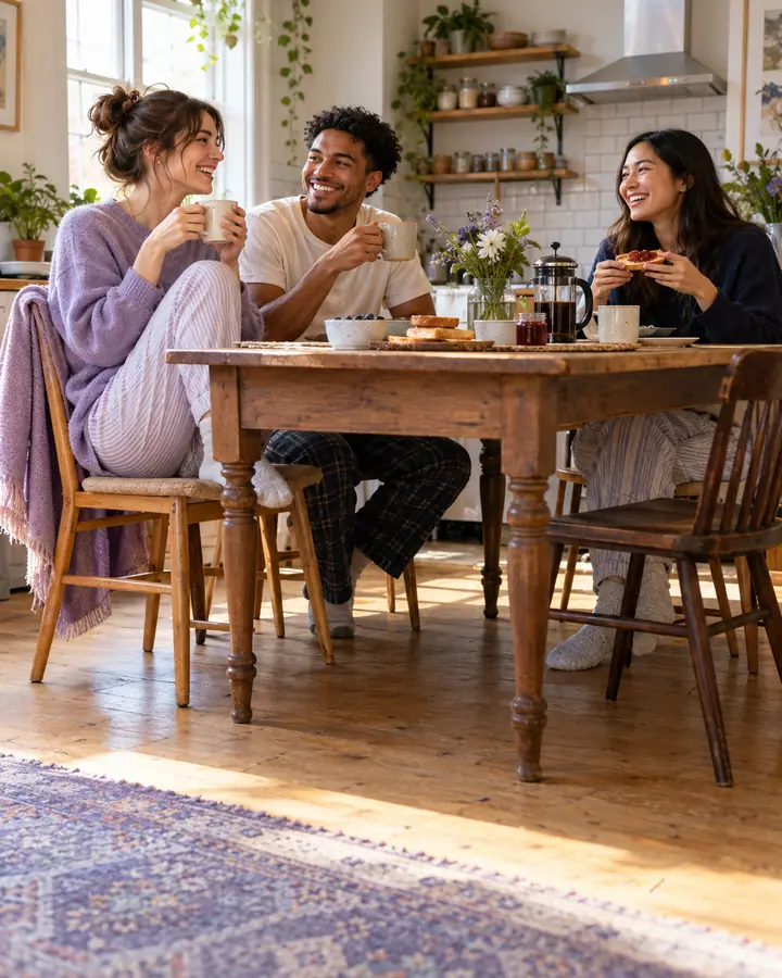 Friends having coffee in a tidy kitchen the morning after a party