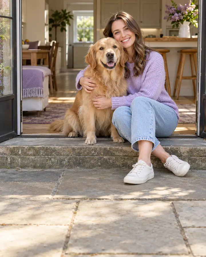 A woman and her dog on the patio step of a London house