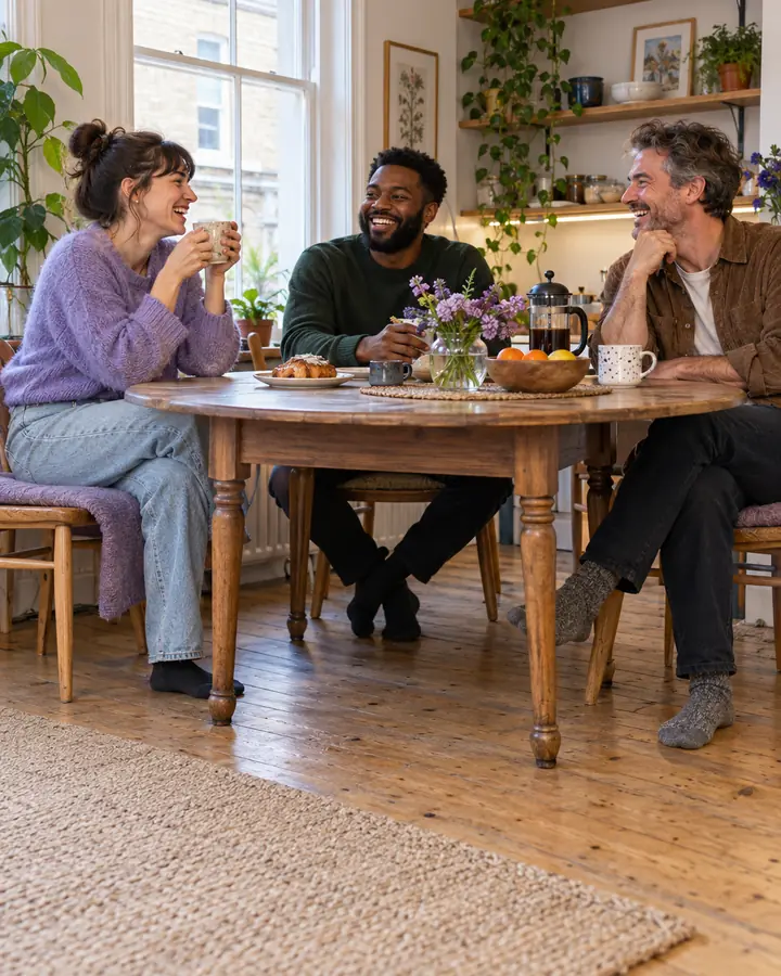 Three flatmates laughing at a kitchen table
